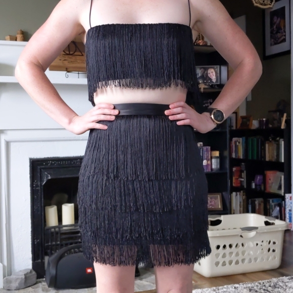 Meshki Dresses & Skirts - Meshki Black XS Tassel Crop Top and Skirt Set